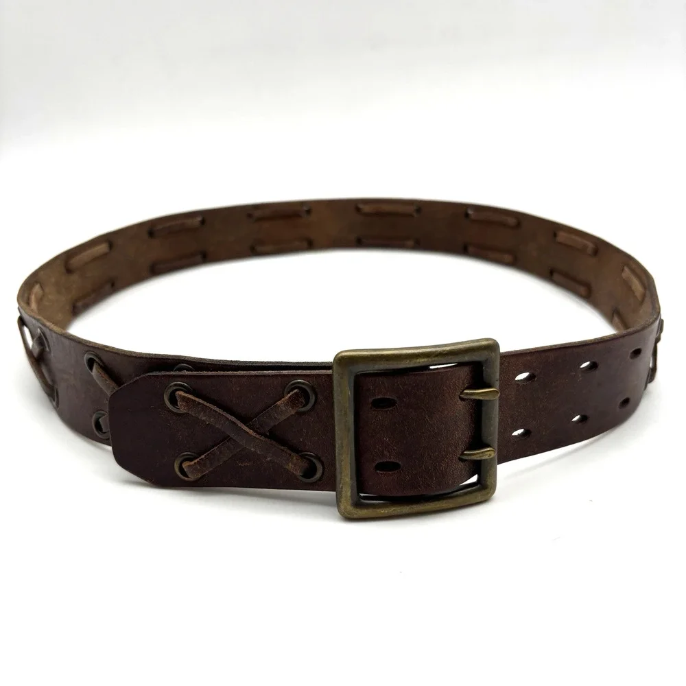 Vintage Y2K American Eagle Brown Leather X-laced Double Prong Belt M 32-36